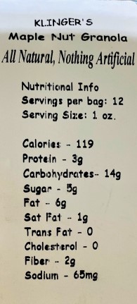 Klingers Vermont Maple Nut Granola Nutritional Facts